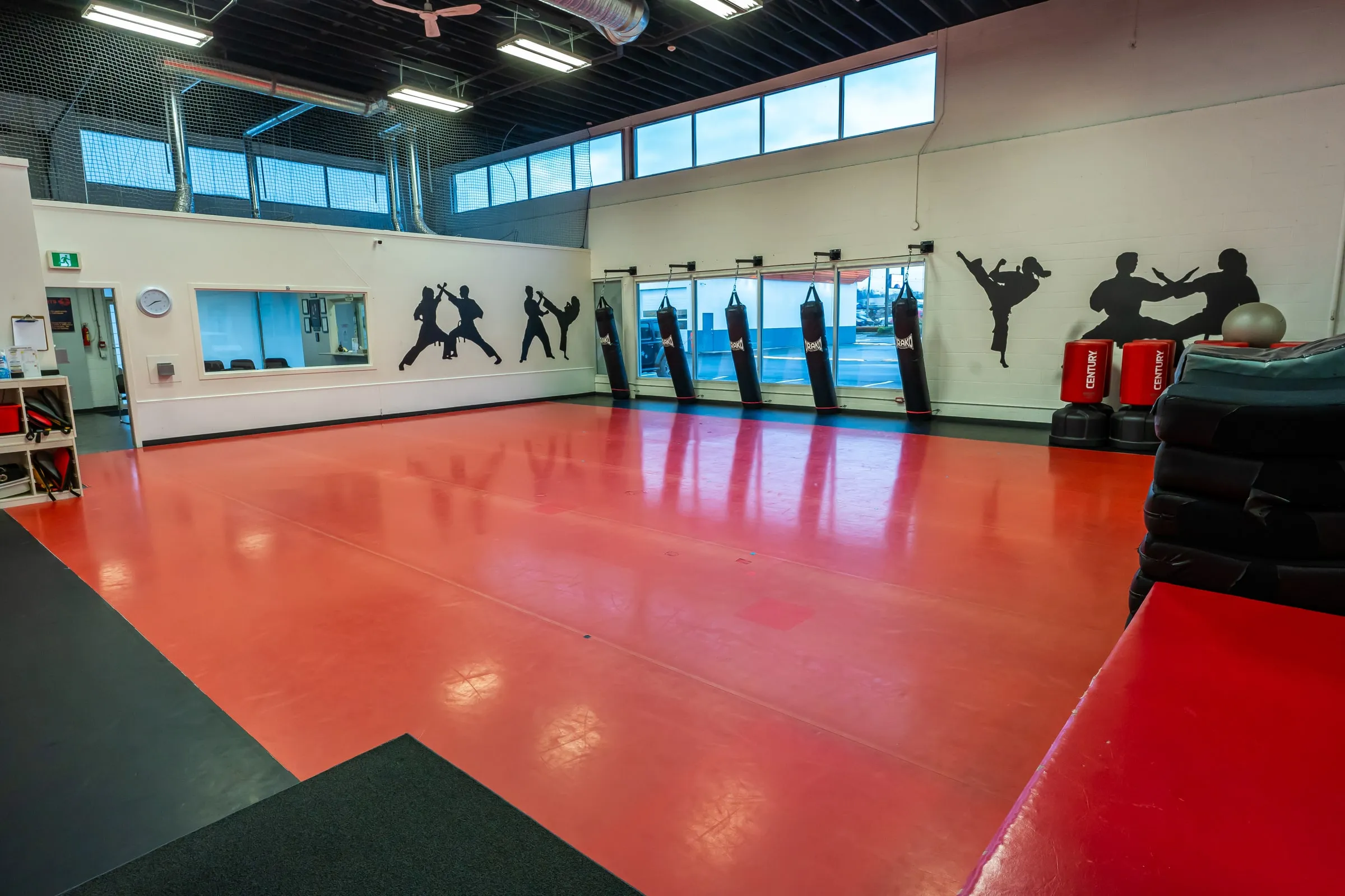 The Safeguard training floor with red mats and martial arts murals