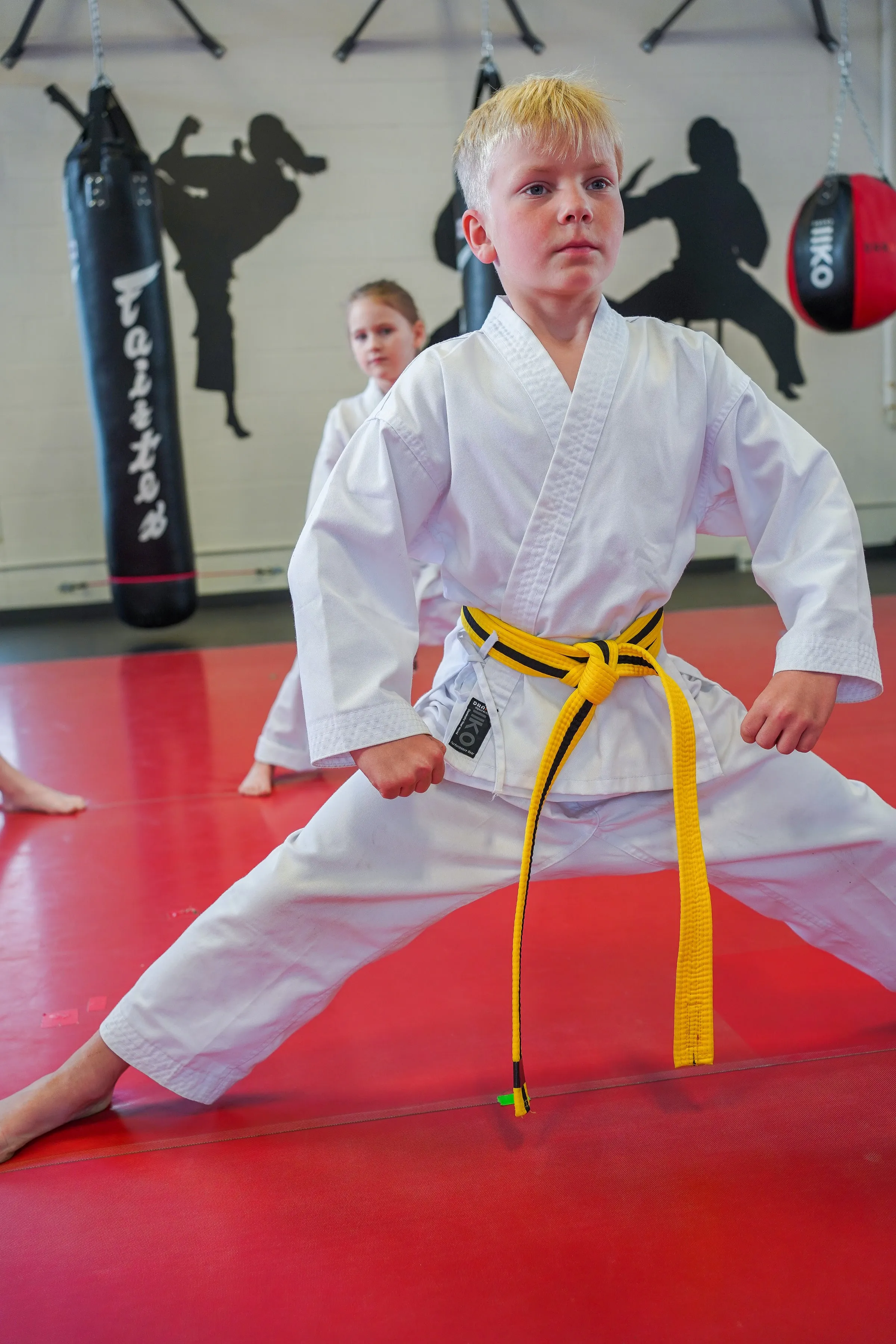 A young student in a new yellow belt holding a wide stance